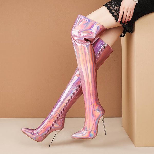 

boots 2021 ladies laser thigh female stiletto heel microfiber pointed toe fashion zipper mirror women's shoes, Black