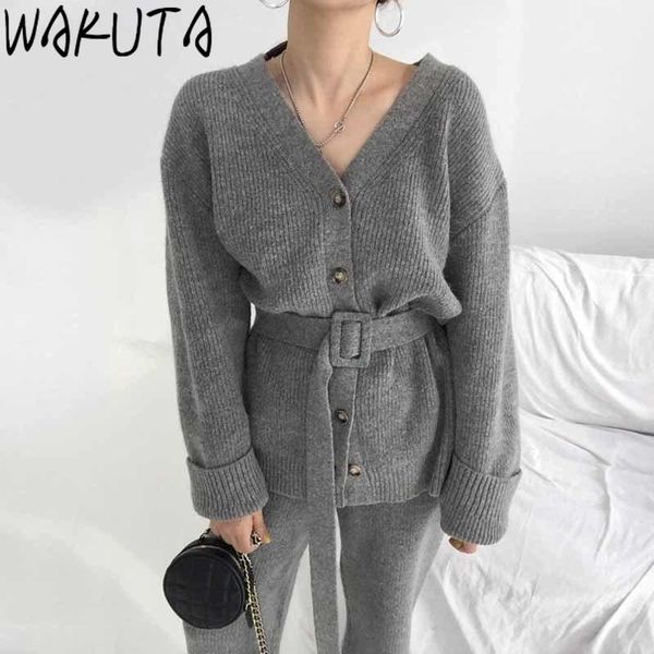 

women's two piece pants wakuta ladies offical sweater suits elegant lace up v neck knitted cardigan+high waist wide leg 2 pece set kore, White