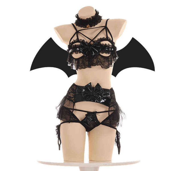 NXY sexy Set Sexy Spitze Fledermaus Dessous Pu Leder Kleiner Dämon Frauen Teufel Cosplay Bikini Open Cup BH Set Lolita Anime Flügel Exotisches Kleid 1127