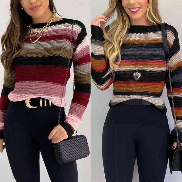 

autumn winter sweater women casual contrast striped o-neck long sleeve slim pullover knitted streetwear ladies sweater 210507, White;black