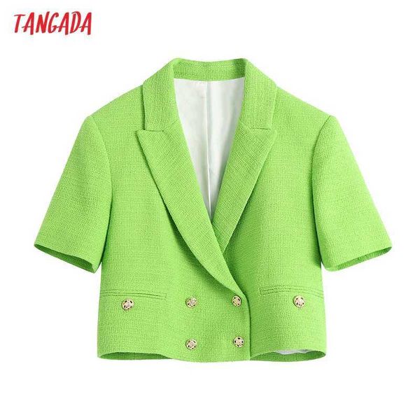 

tangada women double breasted green tweed crop blazer coat vintage short sleeve lady outerwear be802 210609, White;black