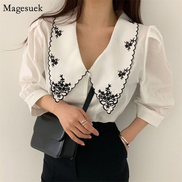

summer vintage embroidery floral blouse woman korean blusas solid turn-down collar women shirt puff half sleeve loose 14173 210512, White