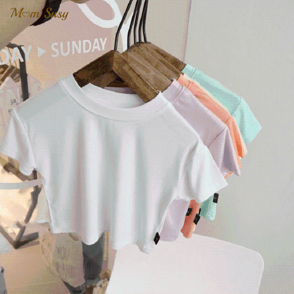 

t-shirts fashion summer baby girl cotton t-shirt short infant toddler crop tshirt sleeve round neck tee solid 0-7y, Blue
