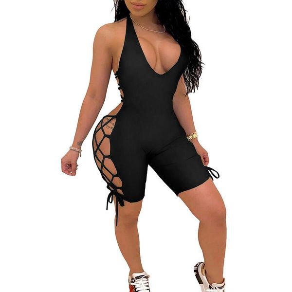 

women's jumpsuits & rompers womenÂ´s sling jumpsuit bandage black summer hollow out hanging neck cutout lace-up bodysuit solid color sle, Black;white