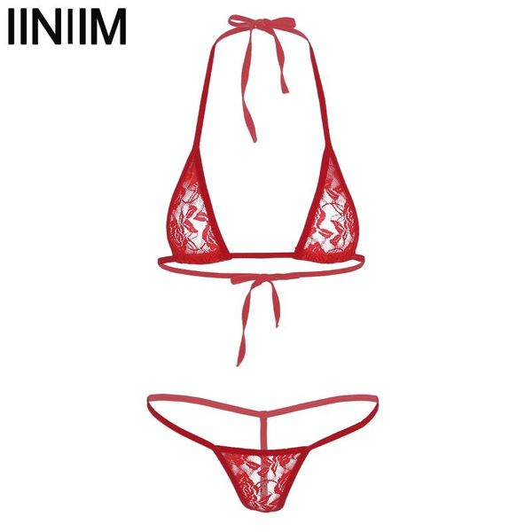 

bras sets women lingerie set lace see through transparent sheer halterneck mini micro bikini bra with t-back thong briefs underwear, Red;black