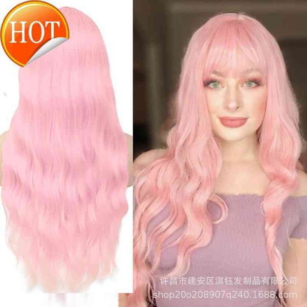 

selling medium and long curly hair pink rose net new corn perm color female chemical fiber head cover wig hat, Black