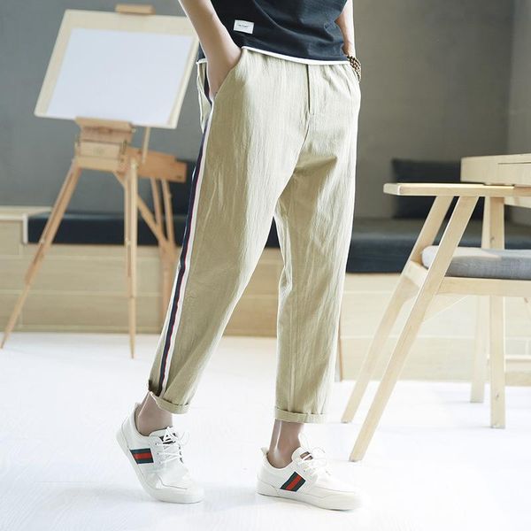 

men's pants cotton linen joggers black harem solid fitness casual ankle-length trousers summer street wear clothes male