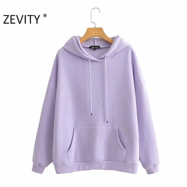 

zevity women fashion long sleeve leisure hooded sweatshirts female basic front pockets fleece hoodie chic pullover h371 210603, Black