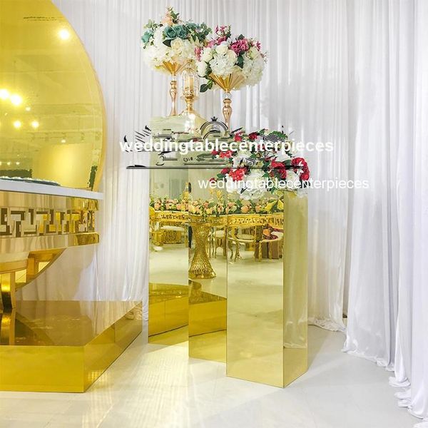 

party decoration 3pcs/set) customized sliver or gold mirror face acrylic floor pedestal flower stand for wedding stage