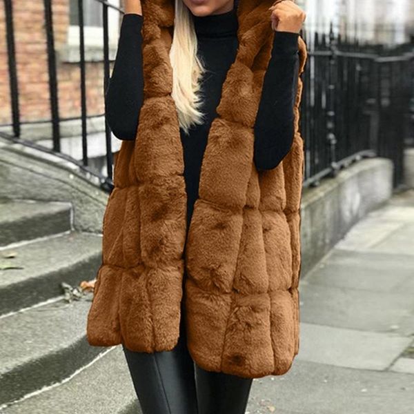 

women's vests women hooded faux fur vest coat autumn winter thick warm outerwear sleeveless long waistcoat jacket solid female overcoat, Black;white
