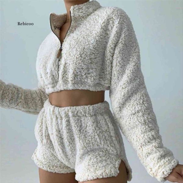 

solid color fleece warm womenpant autumn clothes set casual two piece long sleeve zipper shorts nightwear, White