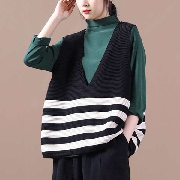 

women's vests [ewq] 2021 spring autumn casual v-neck splicing stripe fashion loose oversized sweater knitting vest 3ac304, Black;white