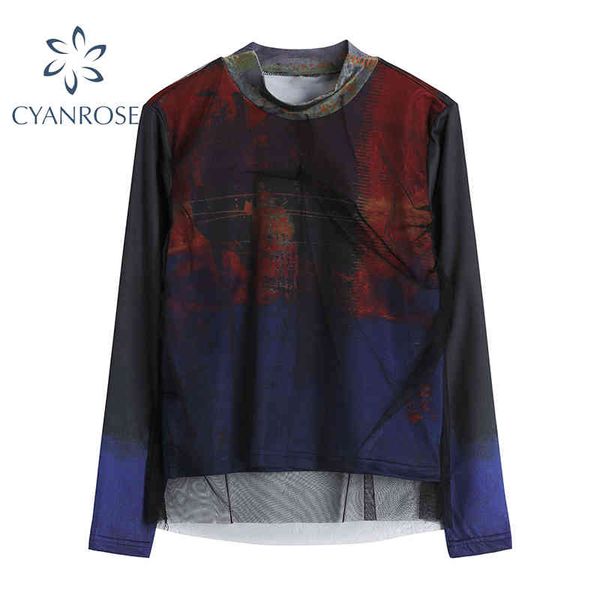 

streetwear long sleeve mesh t shirt women stand collar loose casual y2k tide tees female summer fashion grunge 210417, White