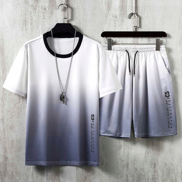 

men's summer set short sleeve shirt and shorts set korean style men sweatsuit fashion round neck gradient color mens 2 piece set 210714, Gray