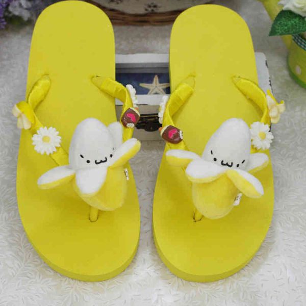 

summer female sweet cute handmade artificial cartoon banana decoration non slip flat casual women beach vacation slippers, Black