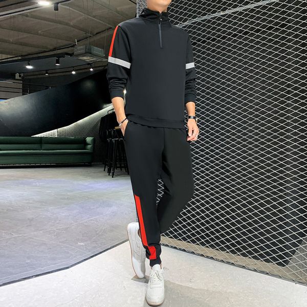 

men's sports suit 2021 autumn men's new leisure youth stand collar two-piece set trendy men, Gray