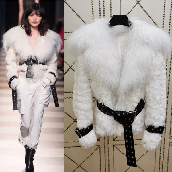

women's fur & faux 2021 warm winter real clothes women elegant belt wool sheepskin white jacket fashion full pelt lamb coat, Black