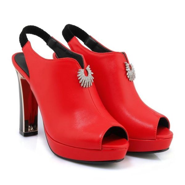 

big size 32-42 2021 summer fashion women solid party crystal peep toe heel sandals 3 colors, Black