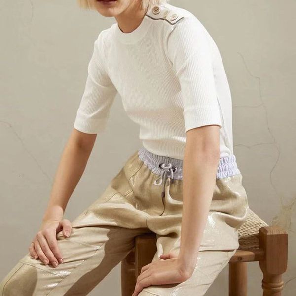 

t shirt women knitted t shirt 2021 short sleeve shoulder beading tee with buttons female fashion elastic knitwear jumpers, White