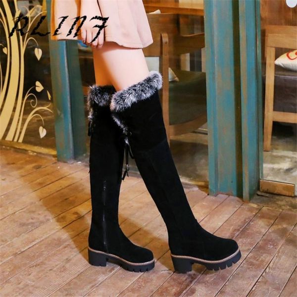 

boots rlinf fashion thick with high heel round head was thin suede women's, Black