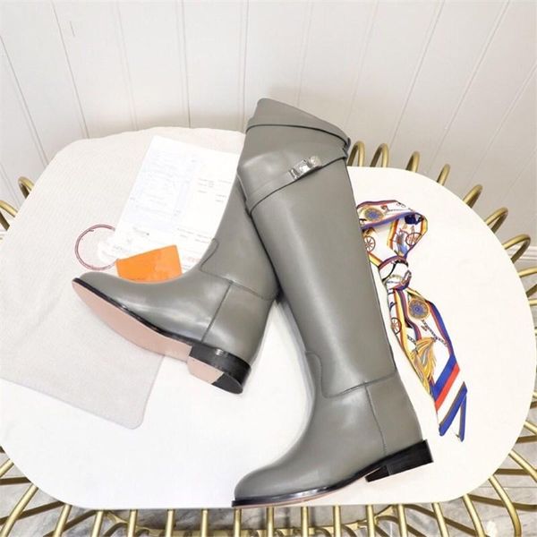 

boots women horse knee-high mental buckle decor genuine leather square toe 2021 winter designer shoes, Black