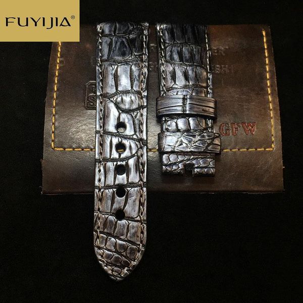 

watch bands fuyijia retro men strap alligator leather belt handmade crocodile band custom brand watchbands 20mm 21mm 22mm 24mm, Black;brown