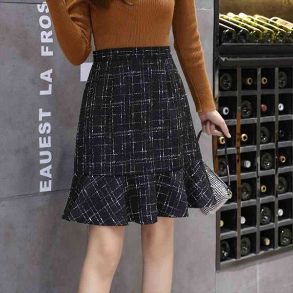 

vintage plaid tweed skirts autumn zipper wool skirt women knee-length high waist mermaid skirt midi loose korea office lady w202, Black