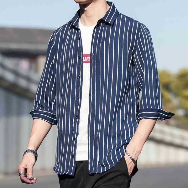

half shirt 3 / 4 slim fit mid sleeve men's casual stripe shirt, White;black