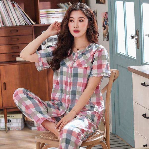 

women sleepwear pajamas set summer mom flower cotton pyjamas 2piece long pants short big size pregnant home, Black;red