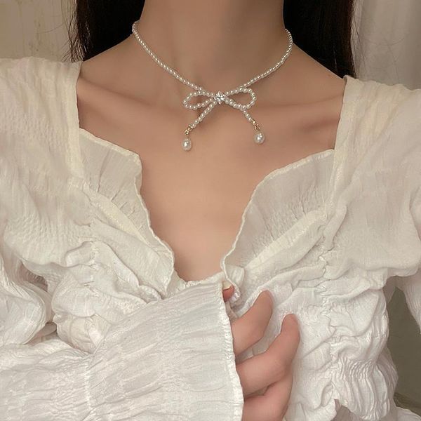 

chains imitation pearl bow choker for women necklace summer versatile clavicle chain female with zircon jewelry 2021 trend, Silver