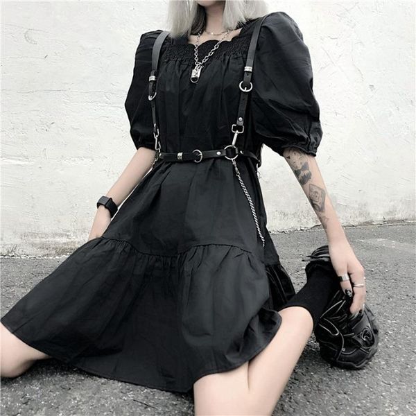 

party dresses qweek women's punk goth dress gothic harajuku streetwear puff sleeve black ruched mini summer emo 2021 woman clothes, White;black