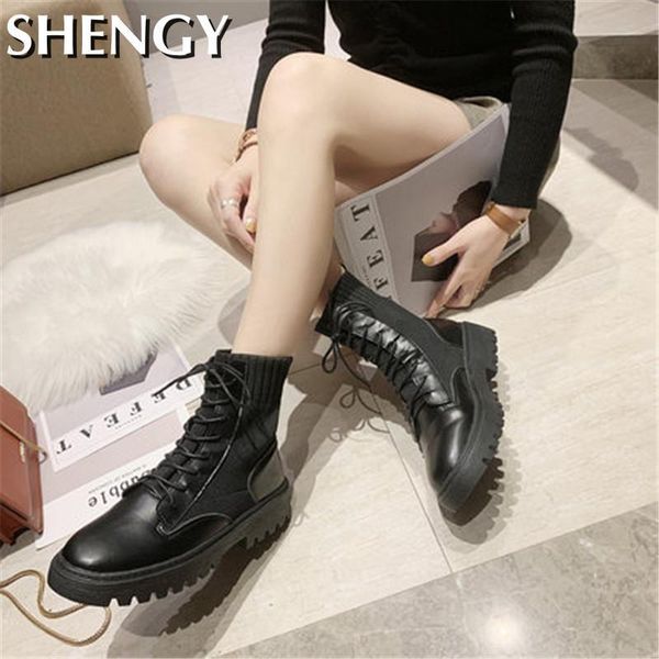

boots 2021 fashion ladies autumn winter lace-up ankle british motorcycle style thick-soled non-slip women booties, Black