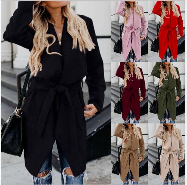 

women's wool & blends autumn and winter ladies cow jacket lapel solid color long windbreaker waist casual all-match coat woman clothing, Black