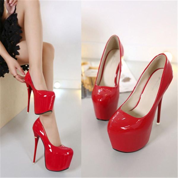 

dress shoes spring 16cm super high heels women pumps platform red patent leather woman elegant party wedding female 40, Black
