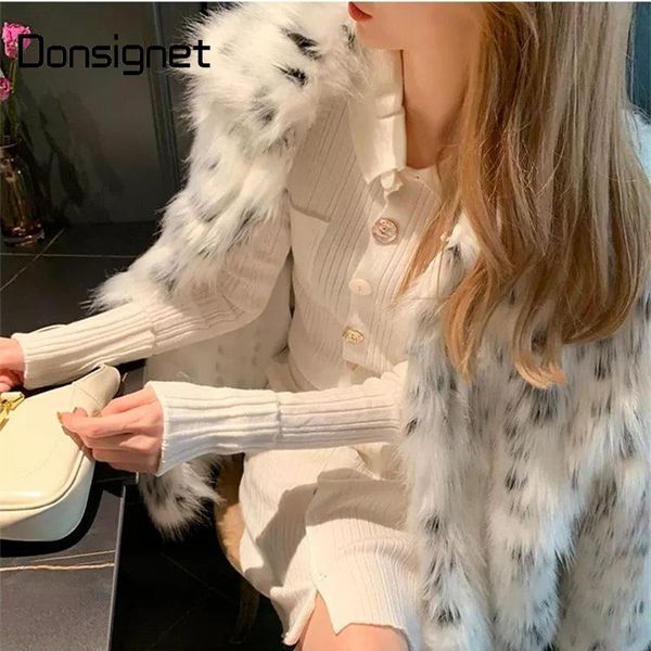 

women's fur & faux autumn winter mid-length overcoat for women fashion cuteness leopard print loose furry coat donsignet, Black