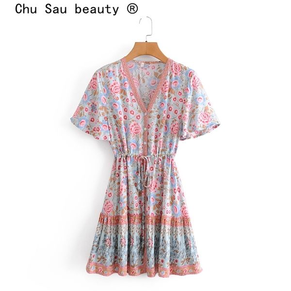 

fashion boho vintage floral print mini dress women summer holiday chic single-breasted v-neck dresses female beachwear 210508, Black;gray