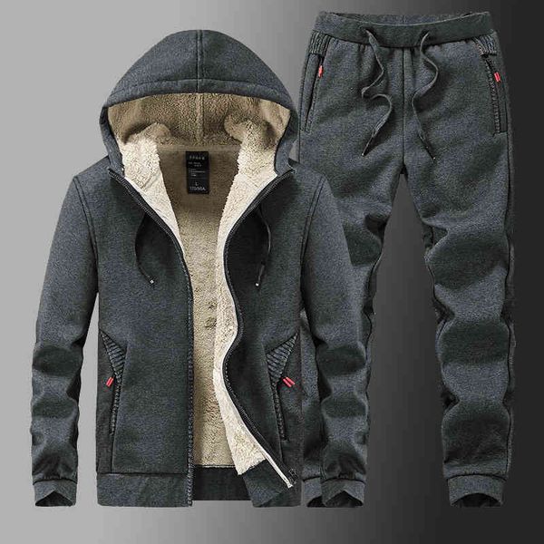 

new plush thickened sportswear men's winter casual cashmere sweater hooded two-piece set, Gray
