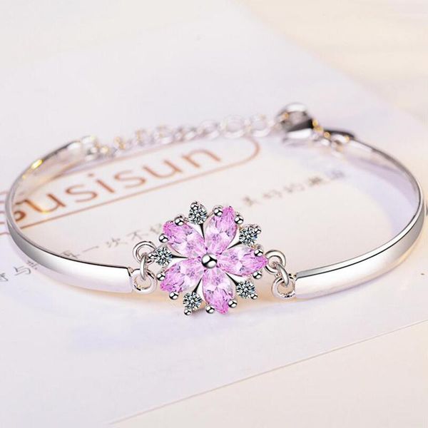 

charm bracelets fashion pink flower cubic zirconia bracelet for women bangle & pulseras mujer female party wedding jewelry, Golden;silver