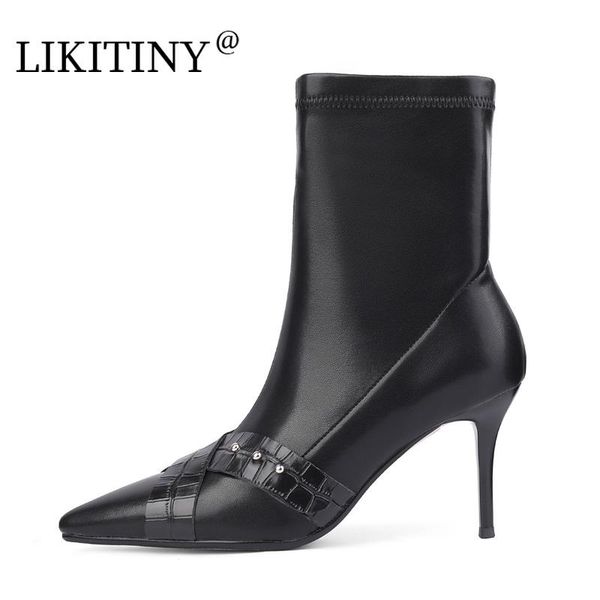 

boots likitiny 2021 autumn pointed toe women's shoes stilettos heels fashion zipper genuine leather stretch ankle size 40, Black