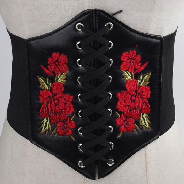 

corset wide belts pu leather slimming body for women elastic waist feminin ceinture embroidery floral women's shapers, Black;white