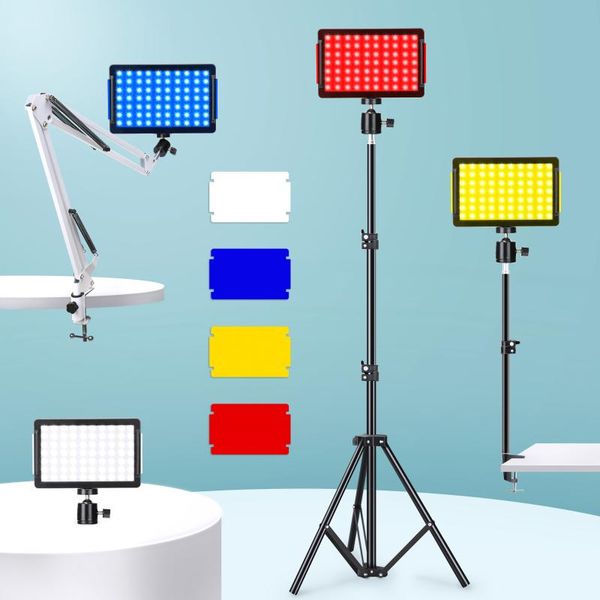 

flash heads four-color card led video light dimmable 5600k portable mini panel pography lamp with tripod stand for youtube live streaming