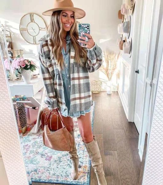 

women's jackets 2021 autumn and winter long-sleeved loose plaid shirt woolen jacket women, Black;brown