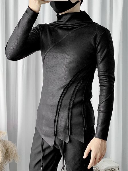 

men's t-shirts mens snakeskin leather pullover turtleneck fur lining warmer shirts slim winter pull on irregular black fit hkn3, White;black
