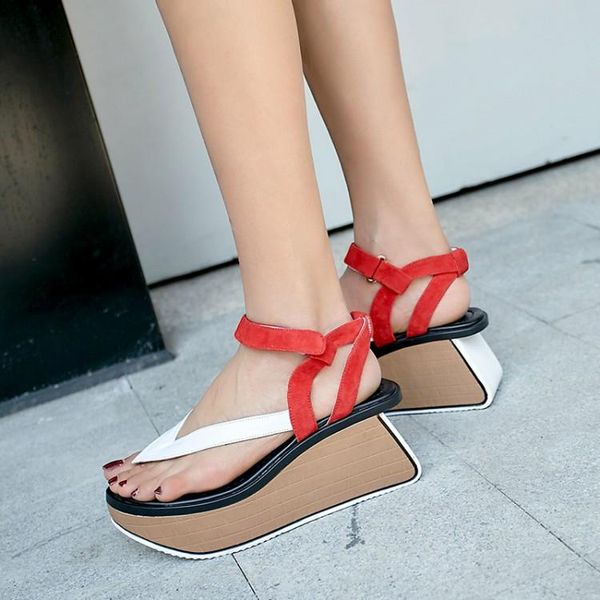 

novelty designer strange high heels women sandals thick platform punk rock gothic thong flip flops leather shoes, Black