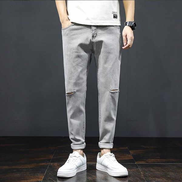 

men's jeans men ripped jean four seasons straight korean trend 2021 fashion casual solid black trousers pants, Blue