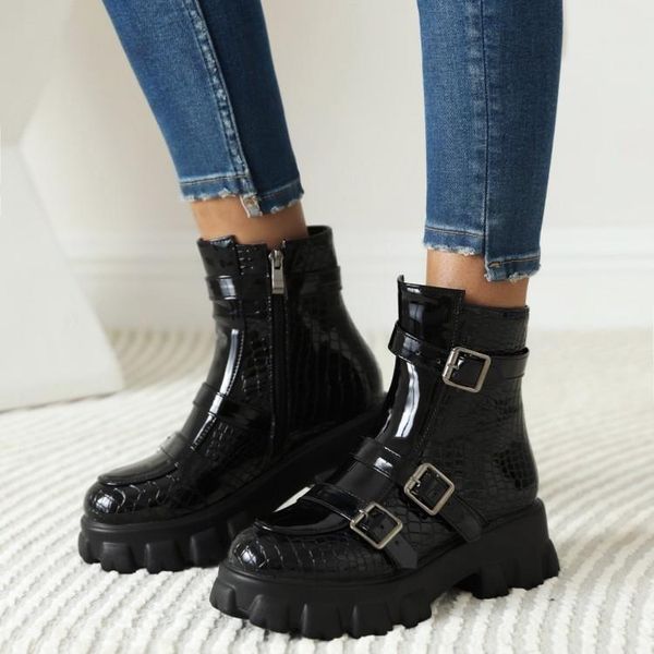 

boots 2021 women's round head belt buckle large short shoes, Black