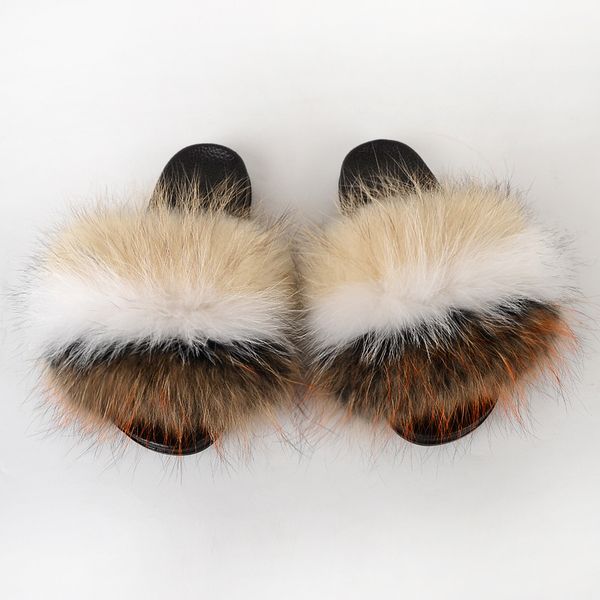 

real furry slippers soft raccoon outdoor slides womens luxury fur slippers, Black