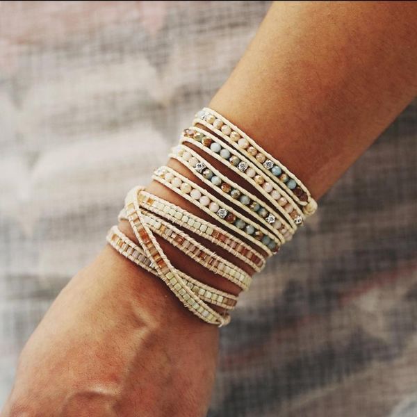 

charm bracelets bohemian beads weave for women statement natural stone handmade leather rope wrap bracelet fashion jewelry, Golden;silver