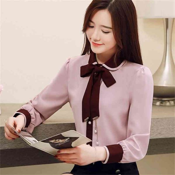 

bow collar chiffon shirts spring new women's long sleeve camisas mujer korean fashion clothing chiffon blouse 628h60 210401, White