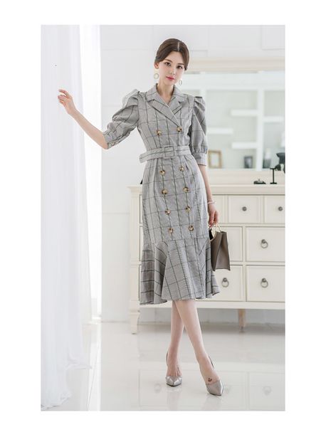 

new summer notched neck plaid women vintage double breasted trumpet mermaid dress style female vestidos, Black;gray